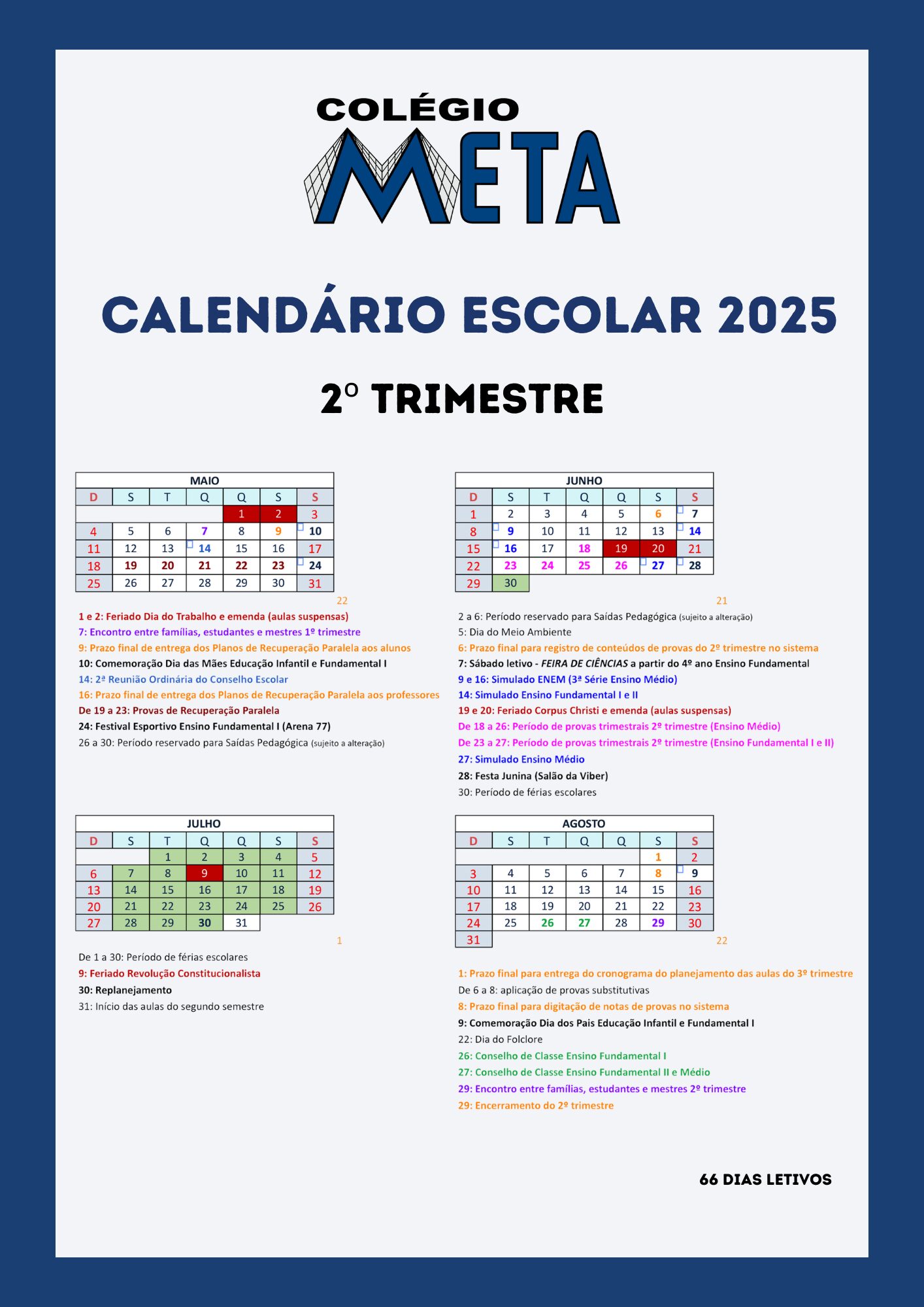 Calendário Escolar 2024 - 2º Trimestre